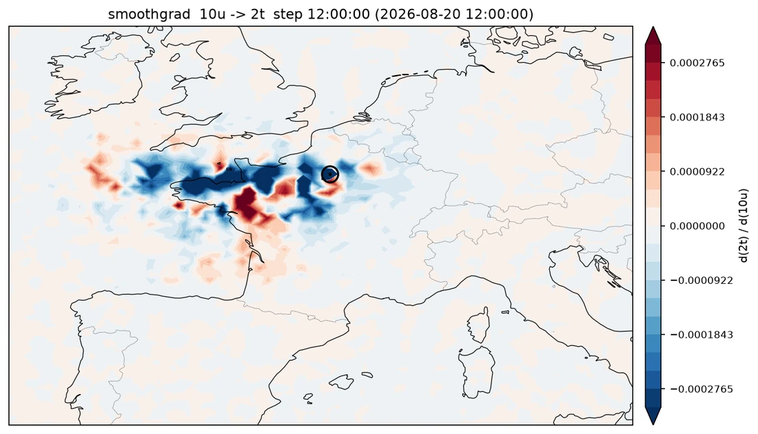 SmoothGrad attribution on the AIFS global model: fragmented, sign-alternating red and blue speckle across western Europe with no stable spatial organisation.