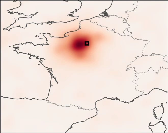 WassersteinGrad barycenter attribution map: a single smooth, geographically coherent region of influence over northern France.
