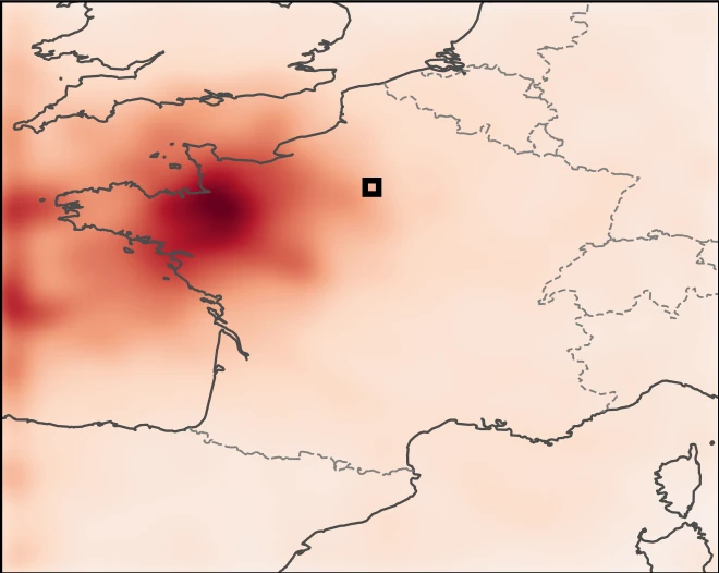 WassersteinGrad barycenter attribution at t+5: a single broad, coherent region of influence near the Atlantic coastline.