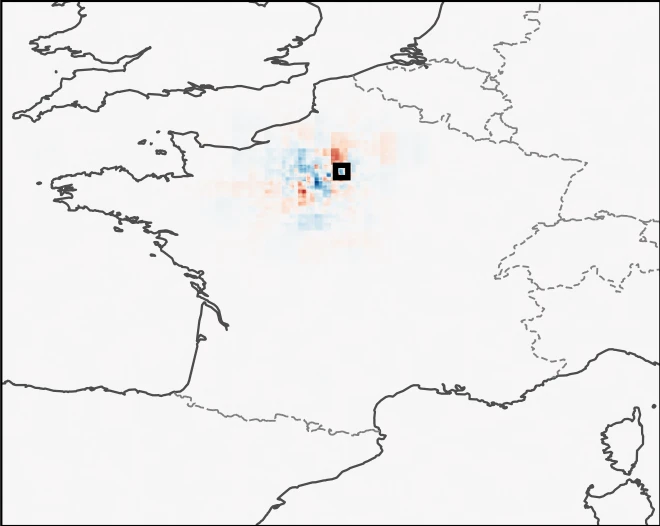 WassersteinGrad barycenter used as a mask on the base gradient: a spatially concentrated, signed attribution map.