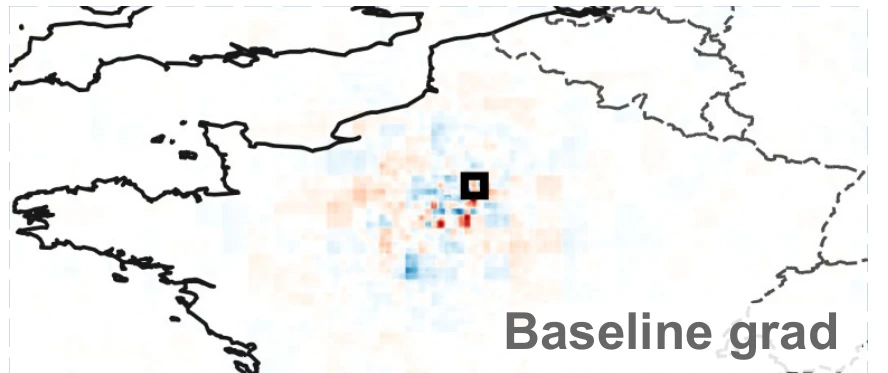 Baseline gradient attribution map over northern France, showing speckled red and blue values concentrated near the Paris region of interest.